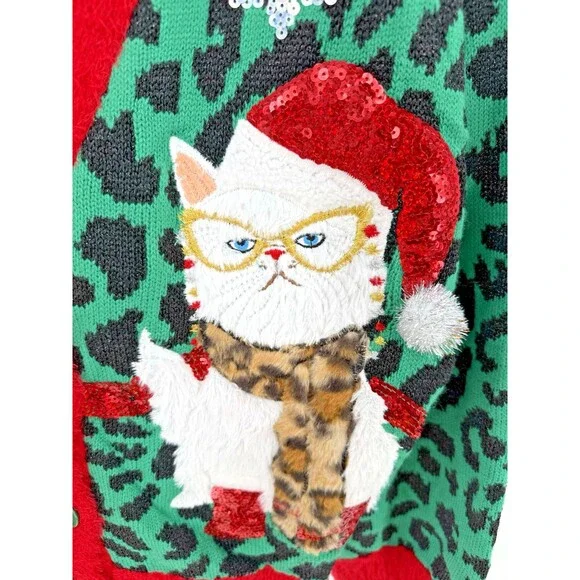 NEW 33 Degrees Women's XXL Green Red Cat Lover Ugly Christmas Sweater Party - Picture 2 of 15